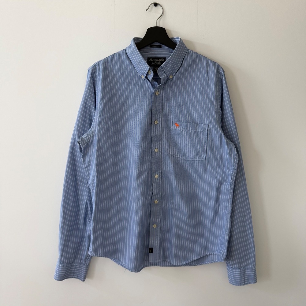 Abercrombie & Fitch Mens Muscle Fit Striped Button Down Shirt Blue White XL